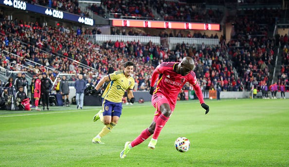 ST. LOUIS, MO - FEB 24: St. Louis City attacker Sam Adeniran (16) during the opening weekend game of the MLS season between Real Salt Lake and St. Louis CITY SC on Feb 24, 2024, at CITYPARK Stadium in St. Louis City, MO