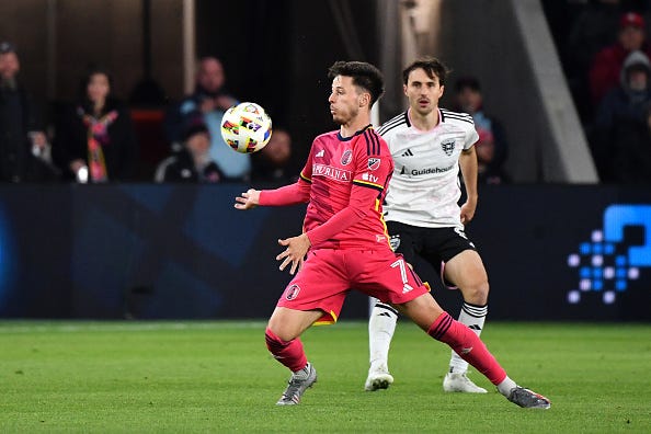 ST. LOUIS, MO - MARCH 23: Tomas Ostrak #7 of St. Louis City SC controls the ball during a game between D.C. United and St. Louis City SC at CITYPARK