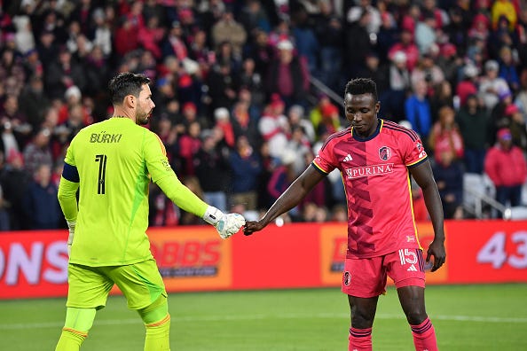 Roman Burki #1 and Joshua Yaro #15 of St. Louis City SC