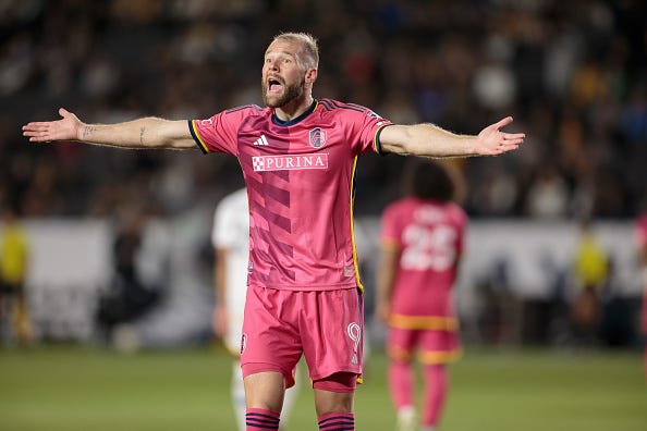 CARSON, CA - MARCH 16: Joao Klauss #9 of St. Louis City SC requests a call during an MLS regular season match between St. Louis City SC and Los Angeles Galaxy at Dignity Health Sports Park on March 16, 2024 in Carson, California.
