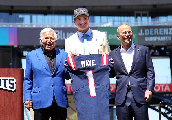 Robert Kraft, Drake Maye and Jonathan Kraft