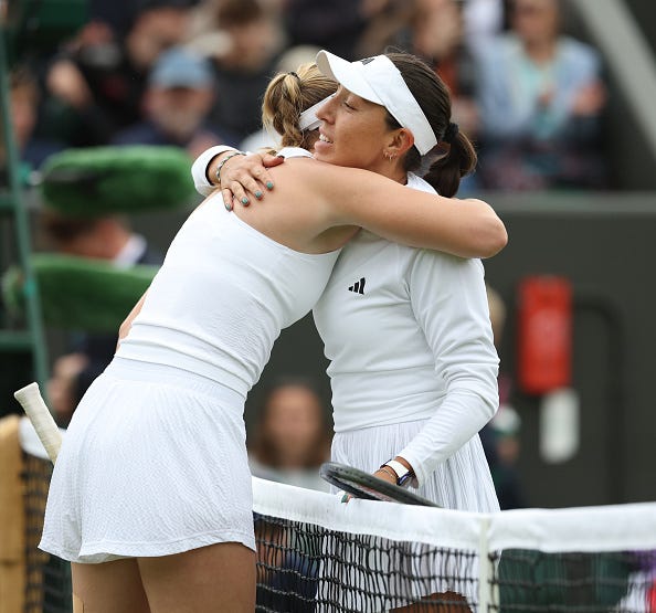 LONDON, ENGLAND - JULY 2: Jessica Pegula (USA) after winning her Ladies' Singles First Round match with Ashlyn Krueger (USA) during day two of The Championships Wimbledon 2024 at All England Lawn Tennis and Croquet Club on July 2, 2024 in London, England.