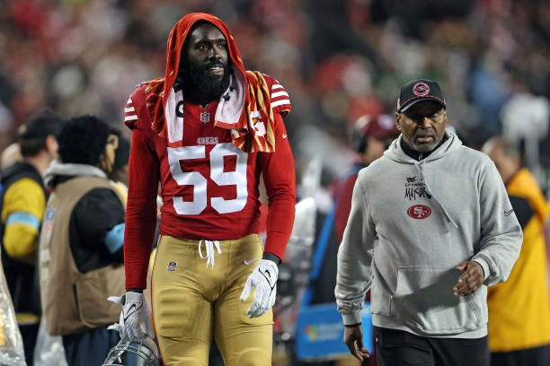 San Francisco 49ers' De'Vondre Campbell walks to the locker room in 2nd half of 12-6 loss to Los Angeles Rams in NFL game at Levi's Stadium in Santa Clara, Calif., on Thursday, December 12, 2024. 