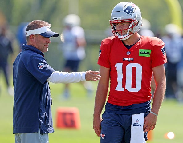 Josh McDaniels and Drake Maye