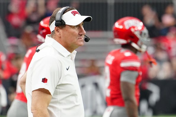 Head coach Dan Mullen of the UNLV Rebels looks on before the start of a game against the New Mexico Lobos at Allegiant Stadium on November 01, 2025 in Las Vegas, Nevada.