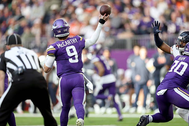 Minnesota Vikings quarterback J.J. McCarthy (9) throws against the Chicago Bears in the third quarter at U.S. Bank Stadium in Minneapolis, Minn., on Sunday, November 16, 2025. Minnesota Vikings vs. Chicago Bears. 