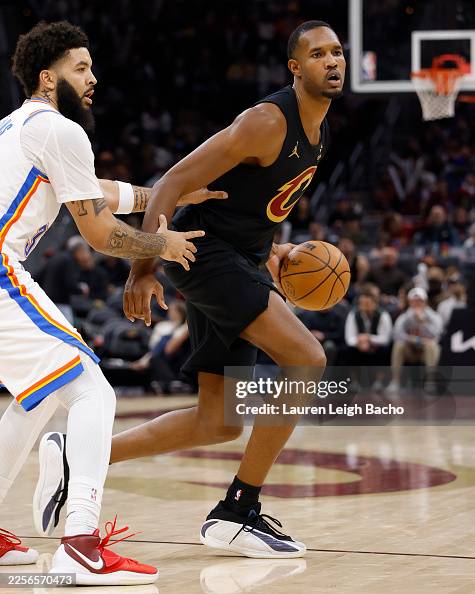  Evan Mobley #4 of the Cleveland Cavaliers handles the ball during the game against the Oklahoma City Thunder on January 19, 2026 at Rocket Mortgage FieldHouse in Cleveland, Ohio.
