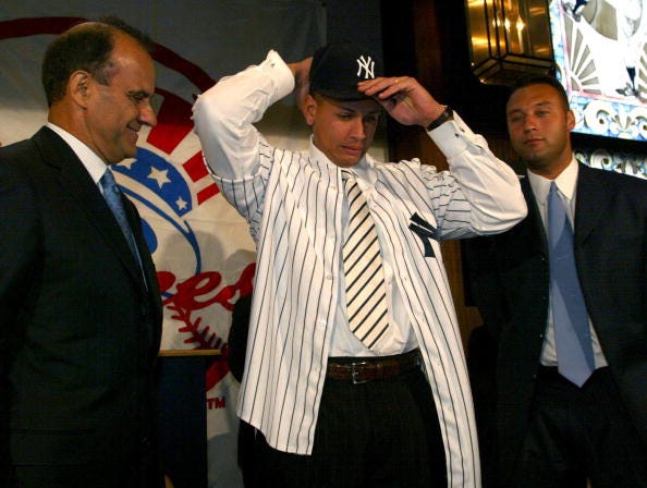 Joe Torre, Alex Rodriguez and Derek Jeter