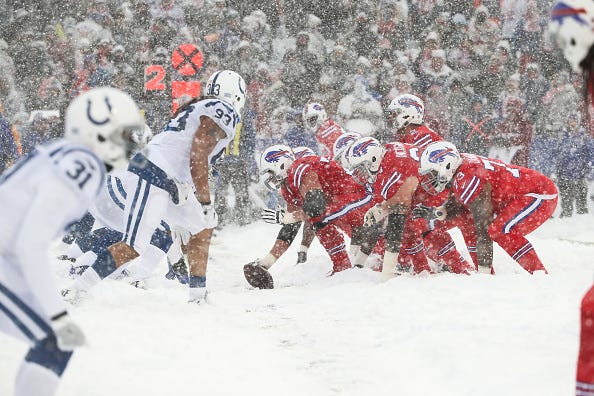 The Buffalo Bills offense lines up against the Indianapolis Colts defense during the second quarter on December 10, 2017 at New Era Field in Orchard Park, New York. 