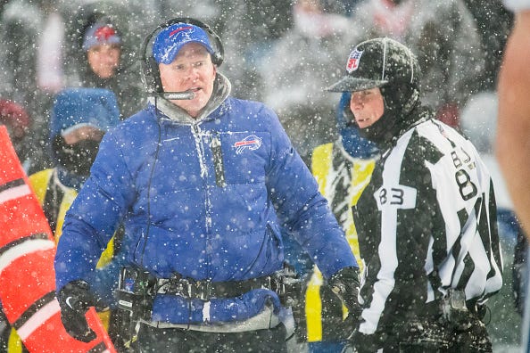 Head coach Sean McDermott of the Buffalo Bills disputes a two point conversion attempt during the fourth quarter by Indianapolis Colts that was then called back due to penalty at New Era Field on December 10, 2017 in Orchard Park, New York.