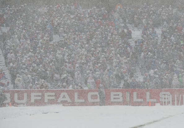 Heavy snow falls during the Buffalo Bills NFL game against the Indianapolis Colts at New Era Field on December 10, 2017 in Buffalo, New York.