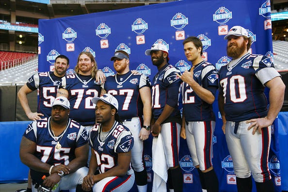 Mike Vrabel, Matt Light, Dan Koppen, Randy Moss, Tom Brady, Logan Mankins, Vince Wilfork and Asante Samuel