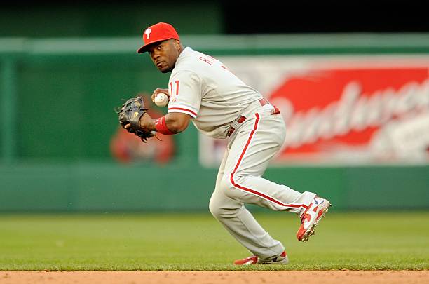 April 8, 2010: Phillies shortstop, Jimmy Rollins, gets ready to throw to first base while playing the Washington Nationals at Nationals Park.