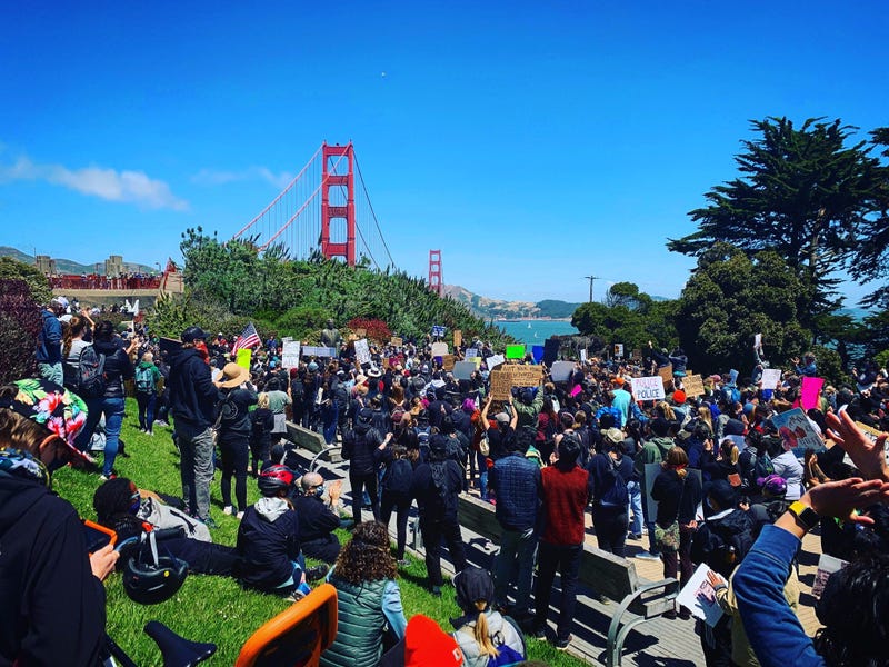Protesters march across the Golden Gate Bridge in support of the Black Lives Matter movement.