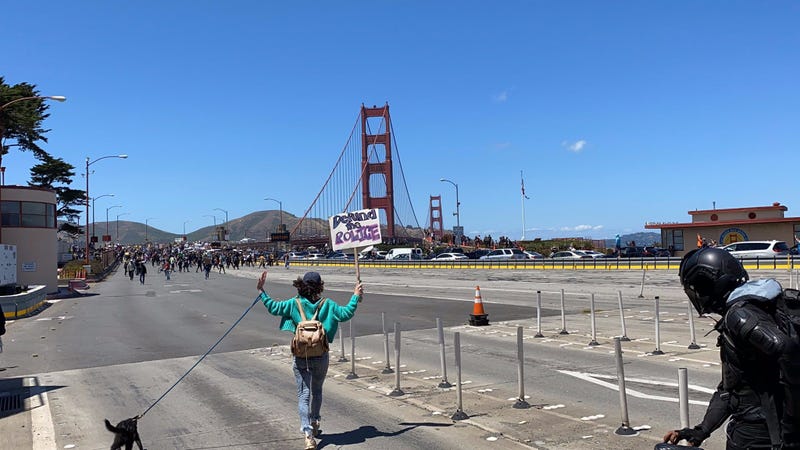 Protesters march across the Golden Gate Bridge in support of the Black Lives Matter movement.