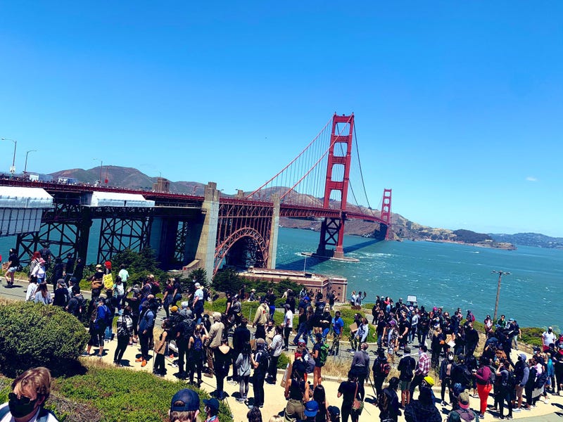 Protesters march across the Golden Gate Bridge in support of the Black Lives Matter movement.