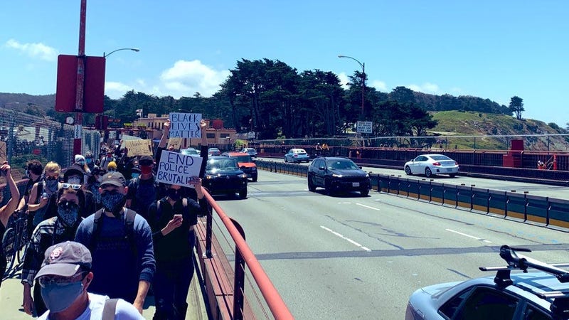 Protesters march across the Golden Gate Bridge in support of the Black Lives Matter movement.