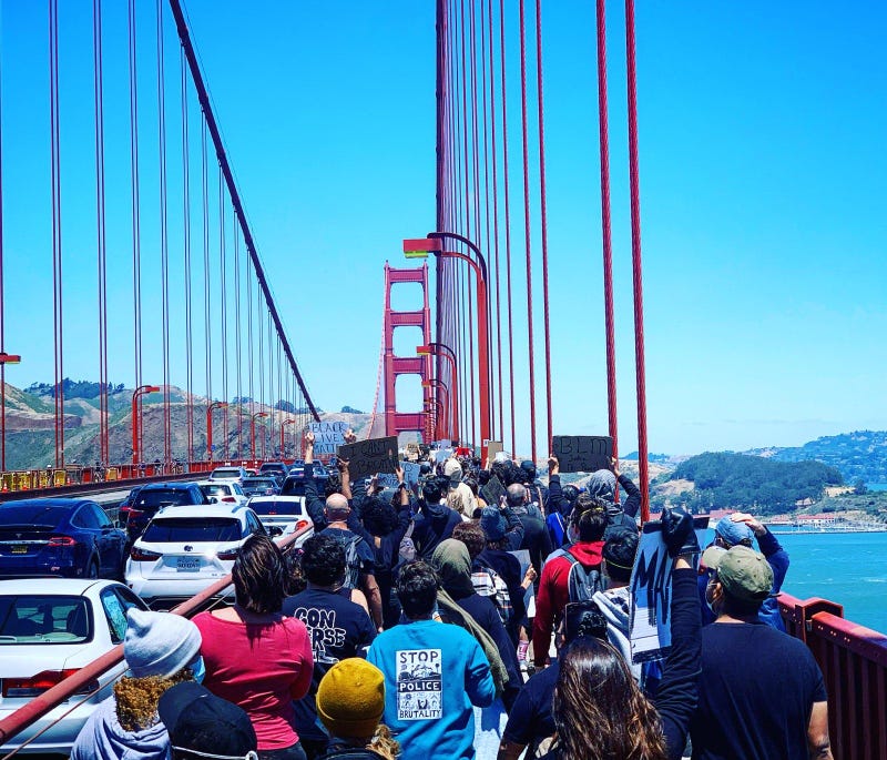 Protesters march across the Golden Gate Bridge in support of the Black Lives Matter movement.