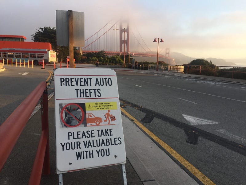 Anti-Auto Theft Warning Sign At Golden Gate Bridge