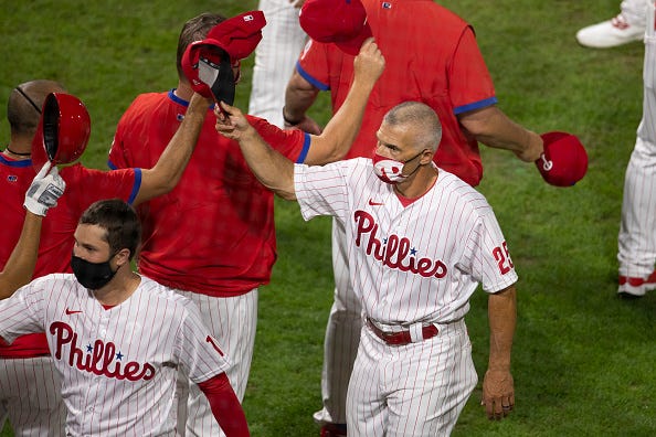 Joe Girardi celebrates a Phillies win. 