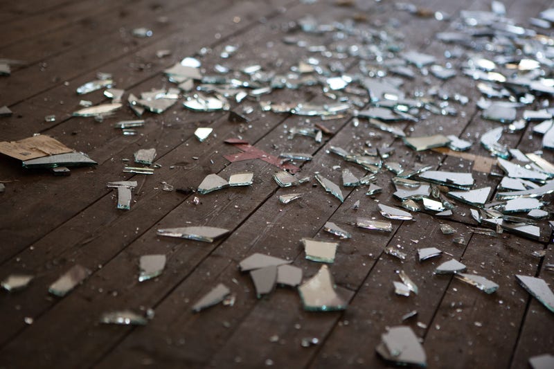 glass shards on floor