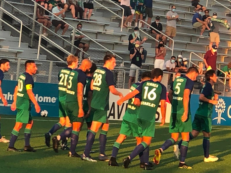 Hartford Athletic celebrates after Harry Swartz scores team's 2nd goal in win over Loudoun