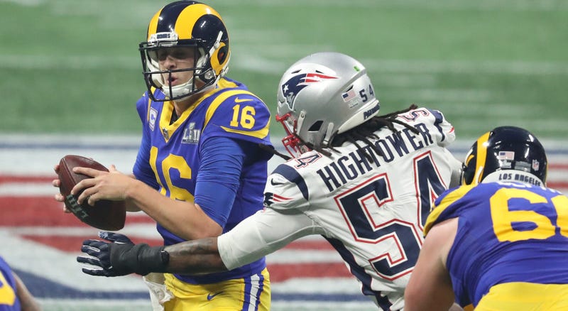 Feb 3, 2019; Atlanta, GA, USA; Jared Goff (16) is sacked by New England Patriots outside linebacker Dont'a Hightower (54) during the third quarter of Super Bowl LIII at Mercedes-Benz Stadium. Mandatory Credit: Jason Getz-USA TODAY Sports