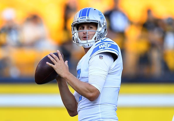 Jared Goff warms up for the Detroit Lions