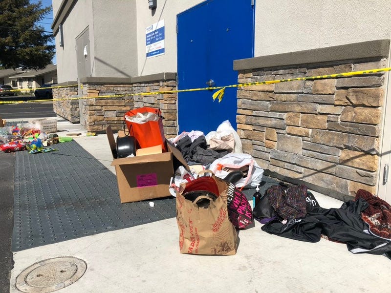 Donations pile up outside of a closed Goodwill store in Concord