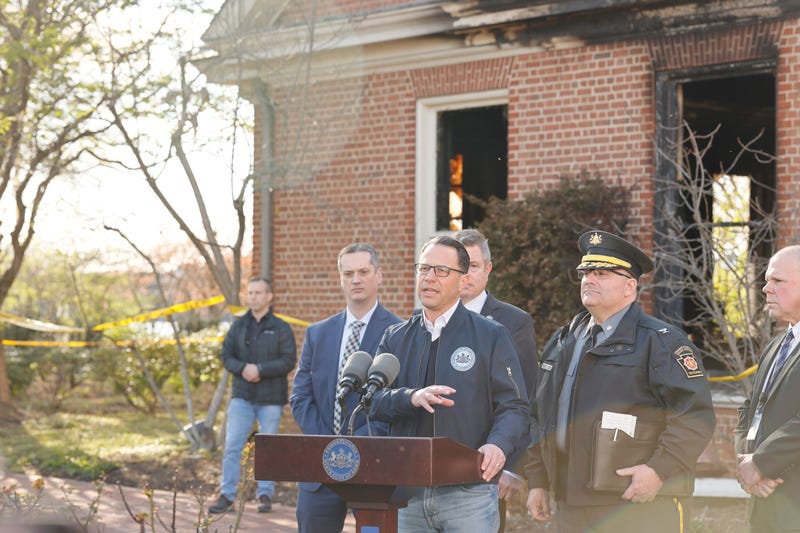 Pennsylvania Governor Josh Shaprio speaks outside of residence after arson attack