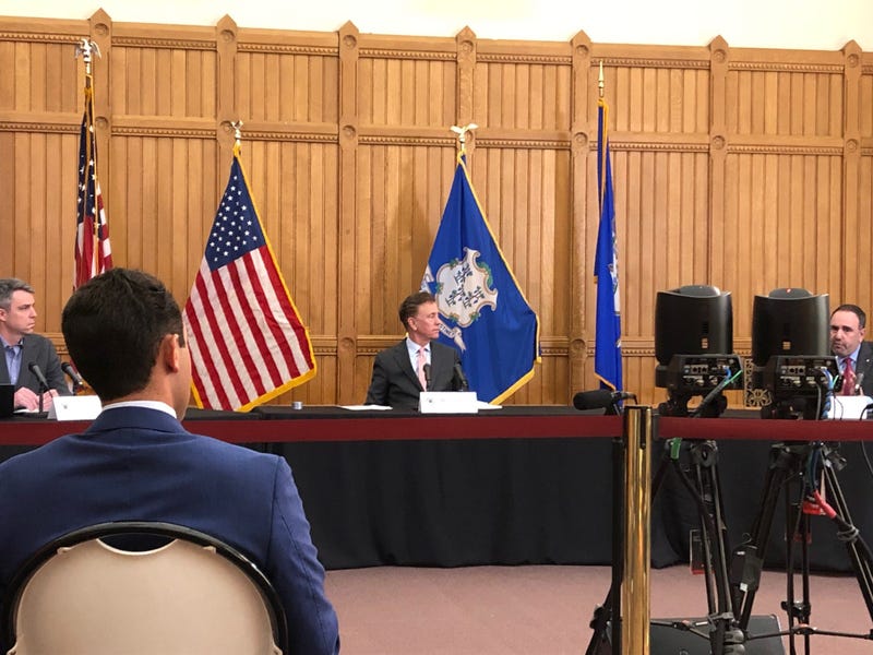 (L-R) CT COO Josh Geballe, Gov. Ned Lamont (D/CT) and Hartford Healthcare CEO Jeffrey Flaks, 3/27/20