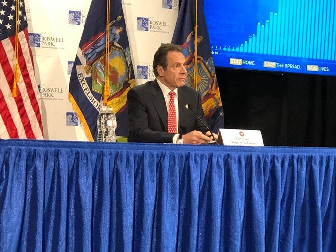 Governor Andrew Cuomo gives his daily coronavirus update at Roswell Park Comprehensive Cancer Center. April 21, 2020 WBEN Photo/Mike Baggerman