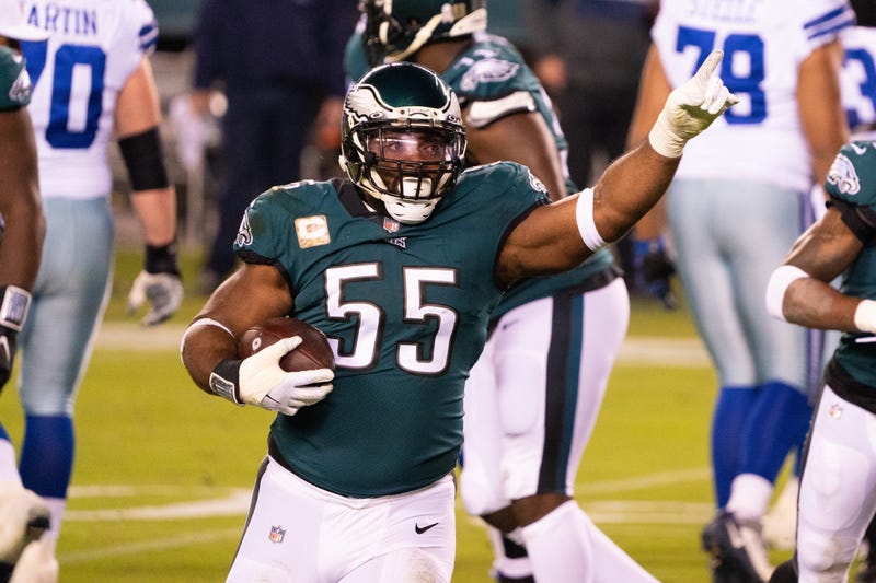 Philadelphia Eagles defensive end Brandon Graham reacts after a fumble recovery against the Dallas Cowboys during the first quarter at Lincoln Financial Field.