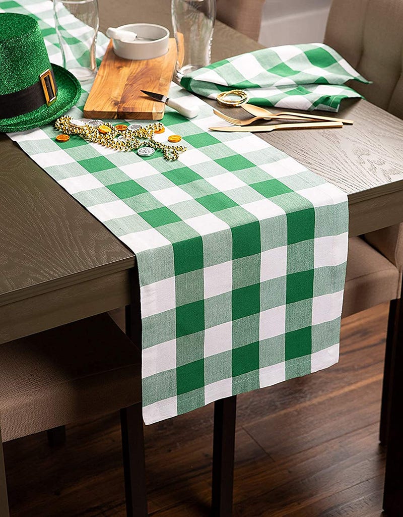 green and white check table runner