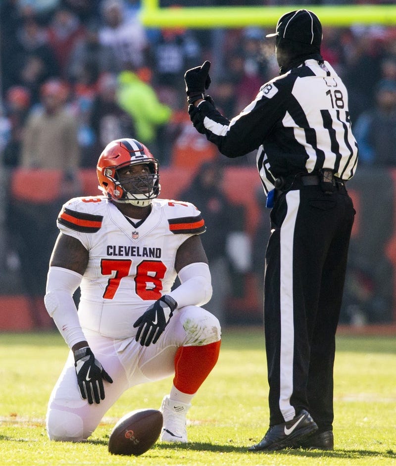Cleveland Browns left tackle Greg Robinson blocks Atlanta Falcons' Derrick Shelby during the second quarter on Sunday, Nov. 11, 2018 at FirstEnergy Stadium in Cleveland, Ohio. The Browns won the game 28-16. (Photo by Phil Masturzo/Akron Beacon Journal/TNS