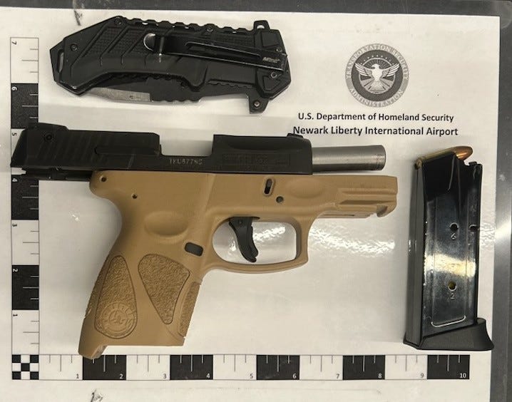 Newark Liberty International Airport TSA officers discovered a gun and knife in the carry-on bag of a Pennsylvania man on Monday, leading to his arrest.