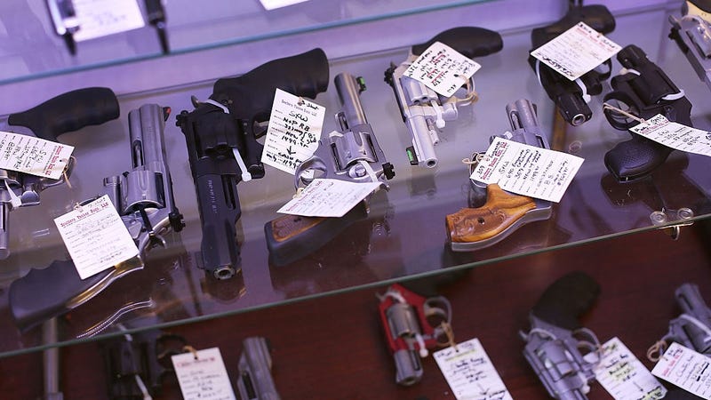 Handguns are seen on display at the K&W Gunworks store 