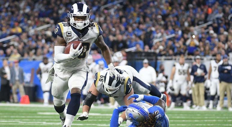 Dec 16, 2018; Los Angeles, CA, USA; Los Angeles Rams running back Todd Gurley (30) carries the ball aPhiladelphia Eagles during the first half at Los Angeles Memorial Coliseum. Mandatory Credit: Kirby Lee-USA TODAY Sports