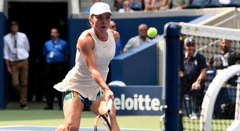 Simona Halep hits to Kaia Kanepi (not pictured) on Day 1 of the U.S. Open on Aug. 27, 2018, at USTA Billie Jean King National Tennis Center.