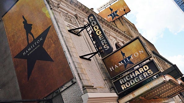 FILE: A view of the marquee at Hamilton: An American Musical at the Richard Rodgers Theatre on June 29, 2020 in New York City.