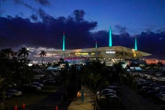 Hard Rock Stadium, site of the NFL Super Bowl 54 football game between the Kansas City Chiefs and the San Francisco 49ers is seen Thursday, Jan. 30, 2020, in Miami Gardens, Fla. (AP Photo/Morry Gash)