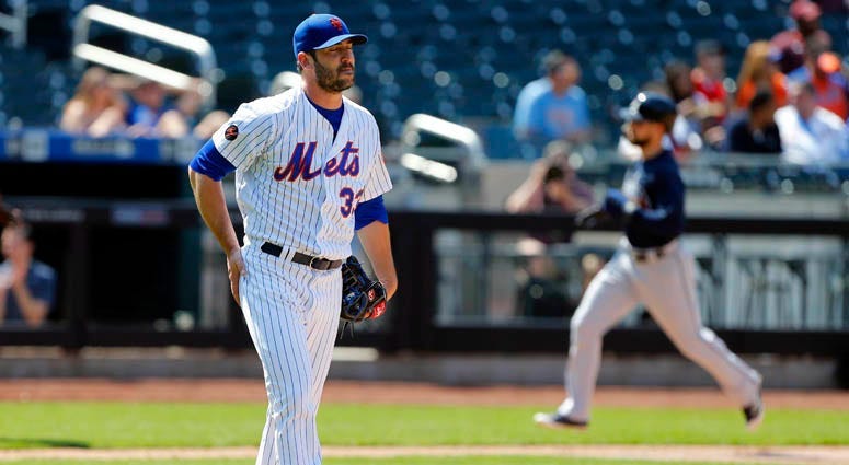 The Mets' Matt Harvey reacts after giving up a home run against the Atlanta Braves on May 3, 2018, at Citi Field.