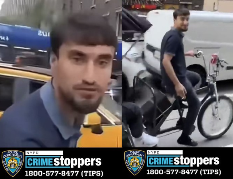 Cops said the suspect fled on a pedicab that was last seen headed northbound on Sixth Avenue