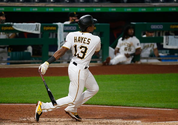 Ke'Bryan Hayes rips a double during a Pirates game.