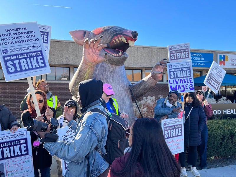 Scabby the Rat and striking workers outside clinic