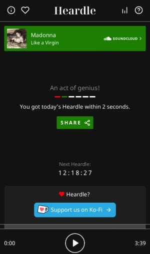 Screen shot of Heardle, the music guessing game, on an iPhone.