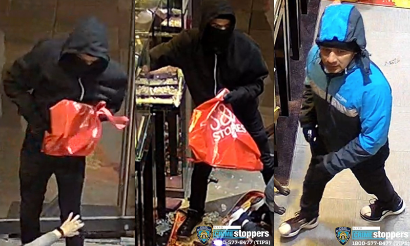 Police are searching for two suspects in the braze, broad-daylight heist in Flushing on Feb. 22, 2023