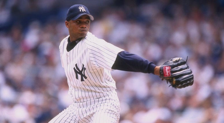 The Yankees' Orlando Hernandez pitches against the Baltimore Orioles on July 4, 1998, at Yankee Stadium.