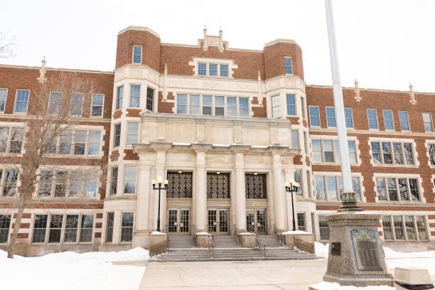 The exterior of Hibbing High School in Hibbing, Minnesota. Bob Dylan graduated from the school in 1959. 