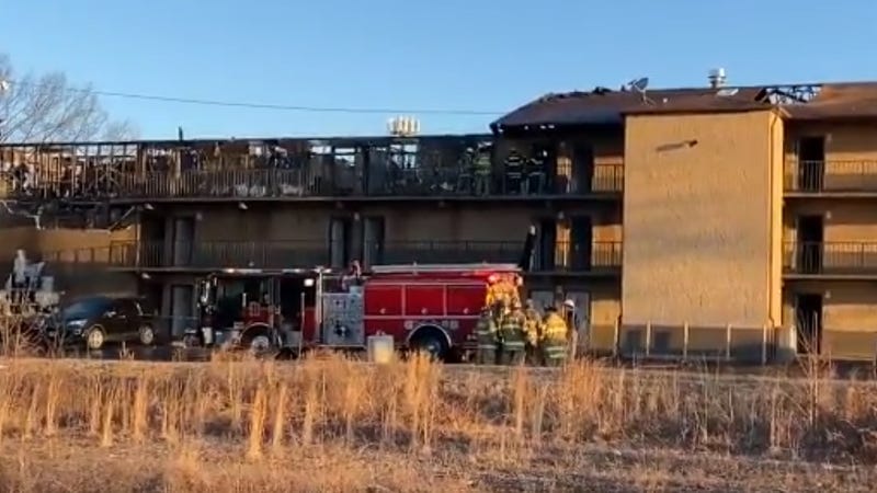 A huge section of the roof on the back end of the Howard Johnson hotel on the Black Horse Pike is completely burnt out.